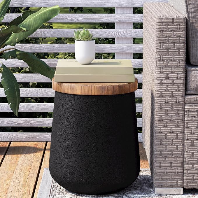 COSIEST Drum End Table Cylinder Shaped Concrete Side Table Faux-Wood Top, Black Outdoor Accent Table with Tree Trunk Slice Hand Painted, Accent Stool