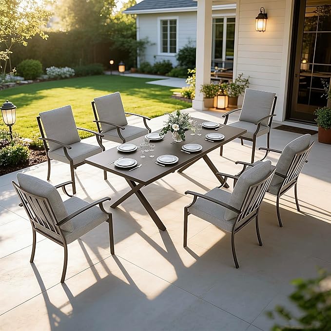 Gotland 7 Piece Outdoor Dining Set, Metal Outdoor Table and Chairs with X-Shaped Legs 1.5" Umbrella Hole, Patio Furniture Set with Waterproof Cushions, Patio Dining Sets for Backyard Deck Gray