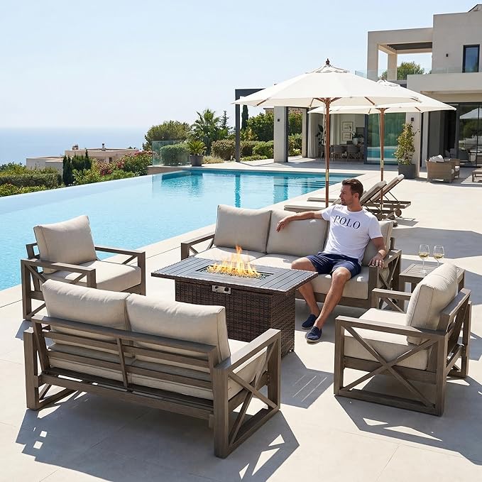 UDPATIO Aluminum Patio Furniture Set, Faux Wood Grain Modern Outdoor Furniture, 6" Cushions Metal Patio Conversation Sofa with Coffee Table for Poolside Porch, 8 PCS, Beige(Include 600D Covers)