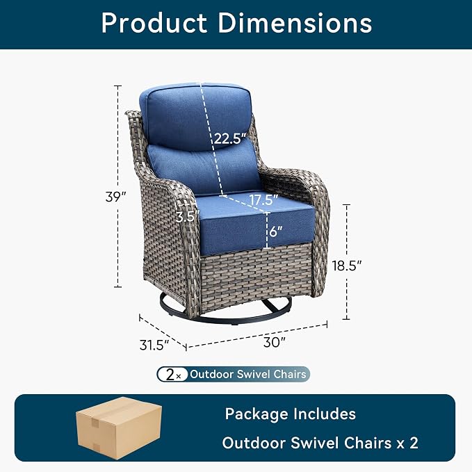 Luxury Wicker Patio Furniture Set-High Back Outdoor Swivel Chairs Set of 2 with 6" Thick Cushions Wide Armrest All Weather Patio Conversation Sets for Deck Porch Balcony(Grey/Blue)