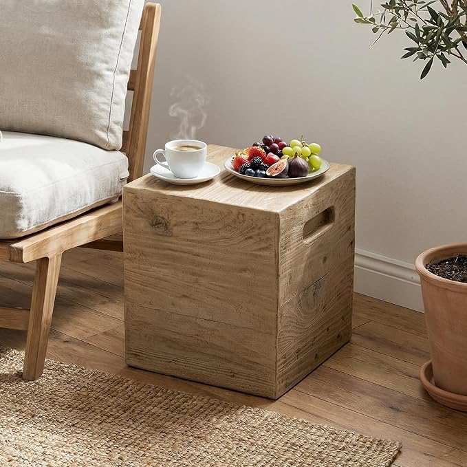 SUNBURY Outdoor Side Table, Faux Wooden Concrete Side Table, Square Lightweight End Table, Patio Accent Stump Stool Decorative for Planter Stand, Deck or Garden, Light Oak