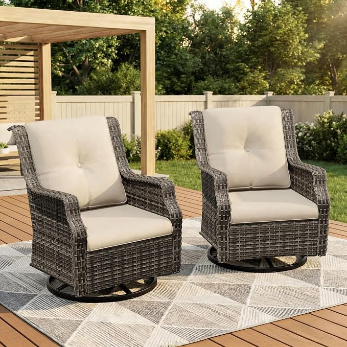 Outdoor Wicker Chairs Set of 2, Patio Swivel Rattan Chair with Wide Armrest and Thick Cushions, Ideal for Backyard, Garden, Poolside, Beige