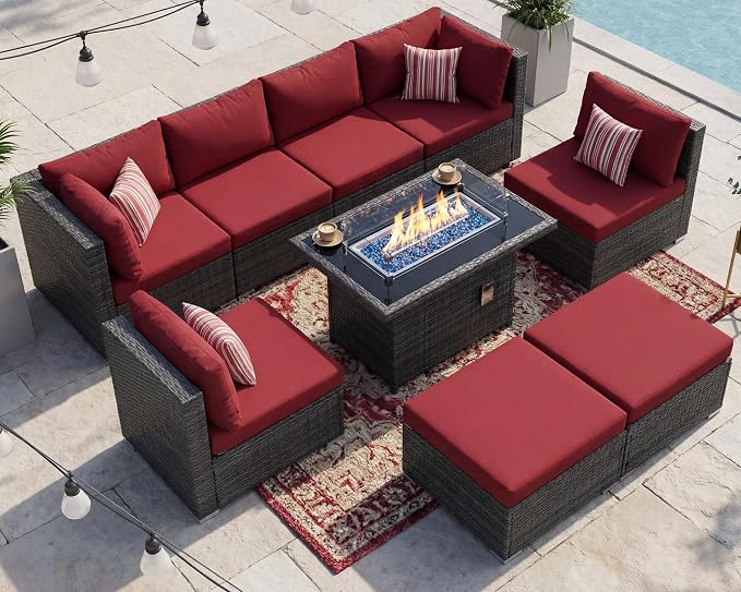 RADIATA 9 Piece Wicker Patio Furniture Set with Fire Pit, All-Weather Outdoor Sectional Couch High Back Large Size, Modular Backyard Seating Sofa Set with Propane/Natural Gas Firepit Table, Grey&Red