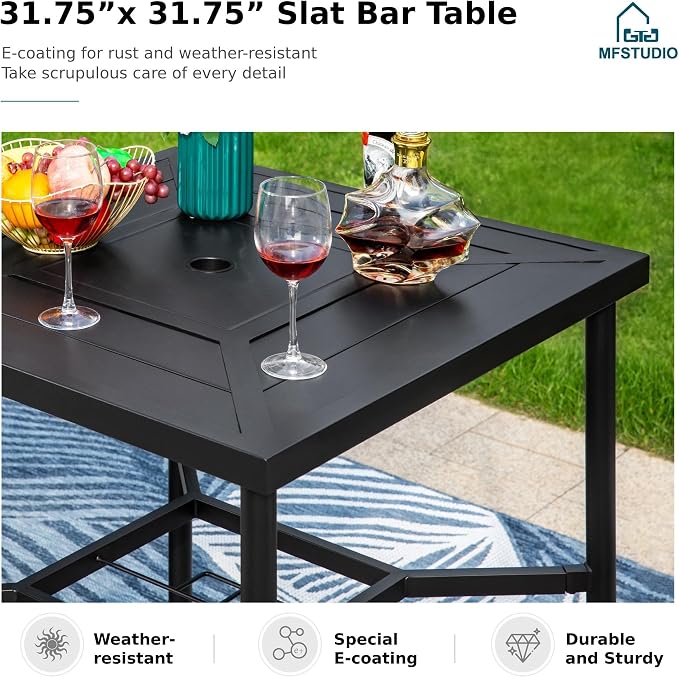 MFSTUDIO 38” Patio Counter Height Bar Table, with 32” Square Heavy Duty Metal Table Top for 4, All Weather Resistant Outdoor Table with Umbrella Hole, Black