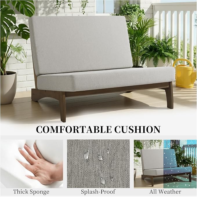 Outdoor Furniture Patio Couch, Weather Resistant Patio Loveseat Sofa Couch with Removable Cushion, Teak Wood Frame for Porch & Backyard Seating - Light Camel