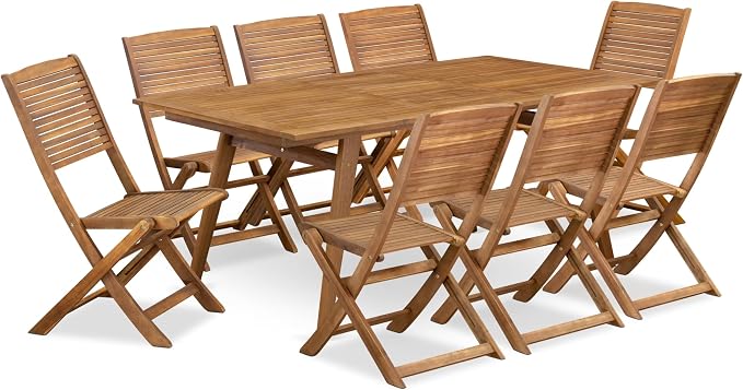 East West Furniture DEFM9CWNA 9 Piece Patio Garden Table Set Includes a Rectangle Outdoor Acacia Wood Dining Table and 8 Folding Side Chairs, 40x72 Inch, Natural Oil