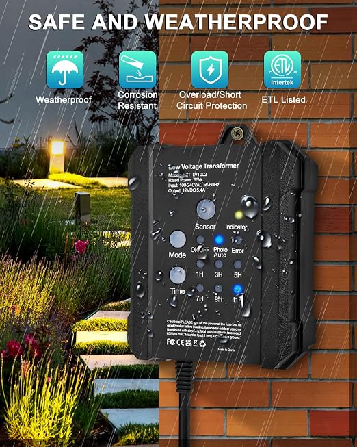 65W Outdoor Low Voltage Transformer with Timer and Photocell Sensor,120V AC to 12V DC Weatherproof for LED Landscape Lighting,Deck Lights,Spotlight, Pathway Light,ETL Listed