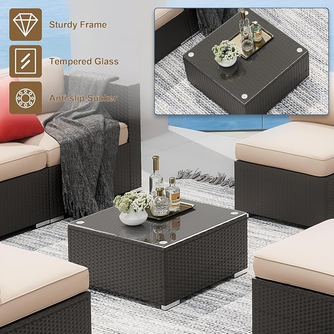 7 Piece Outdoor Sectional Sofa Patio Furniture Set Wicker with Cushions and Coffee Table, Outdoor Conversation Set for Backyard Garden Deck Lounge(Blue)