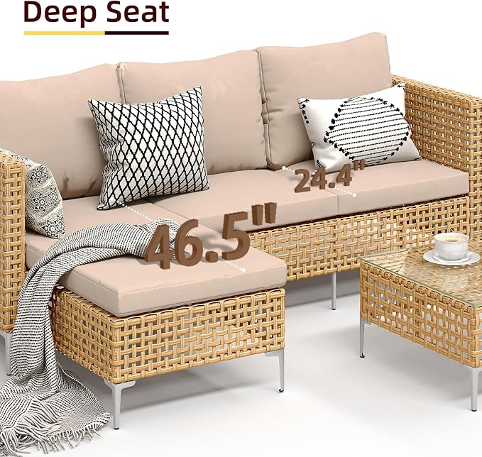Small Outdoor Wicker Patio Furniture Set L-Shaped - Weather Resistant Wicker Sectional Chaise Sofa with Thick Cushions & Tempered Glass Coffee Table for Small Spaces, Balcony, Apartment