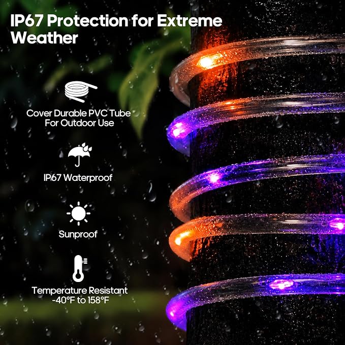 Halloween Decoration Solar Rope Lights 66FT 200LED 1800mAh -Purple & Orange | Type C & Solar, With Remote, Waterproof, Timing, 8 Modes, for Halloween Party Autumn Christmas Decoration