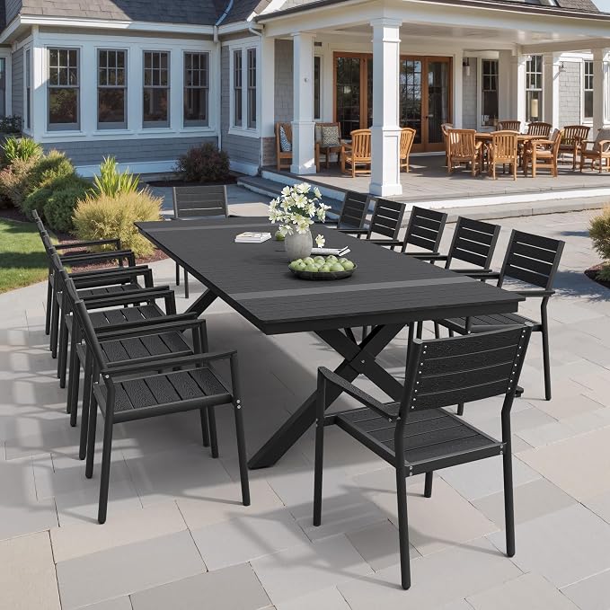 Pellebant 118" Outdoor Dining Table for 8-12, 10ft Aluminum Patio Table with Umbrella Hole, Weather Resistant Black Wood Grain Tabletop and Sturdy Frame for Deck, Porch, Backyard