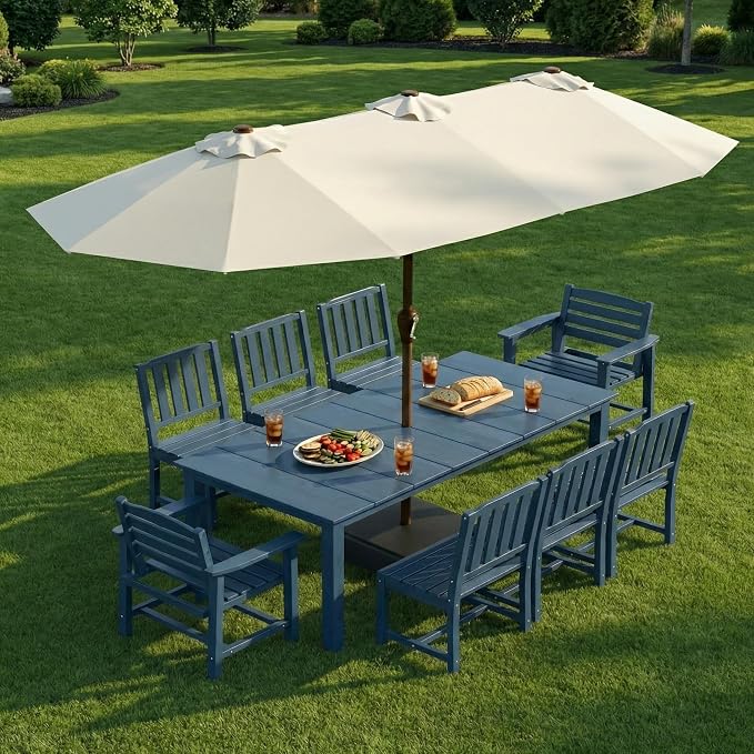 9-Piece Outdoor Dining Set with 15FT Umbrella for 8,Navy Blue | HDPE table, chairs included, aluminum frame, weather-resistant furniture, perfect for yard, lawn, garden, deck