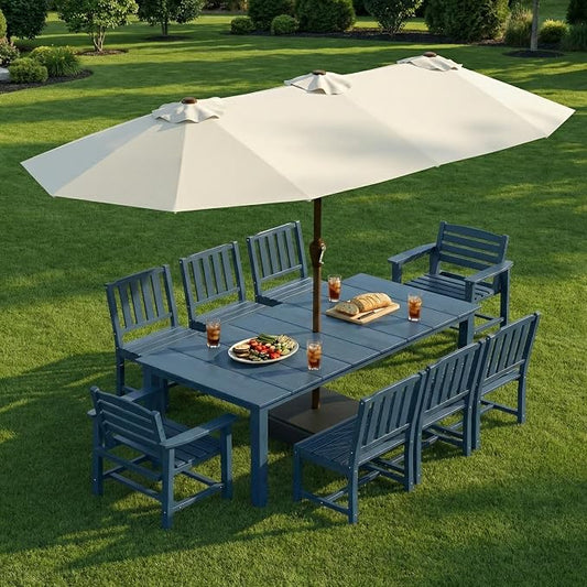 9-Piece Outdoor Dining Set with 15FT Umbrella for 8,Navy Blue | HDPE table, chairs included, aluminum frame, weather-resistant furniture, perfect for yard, lawn, garden, deck