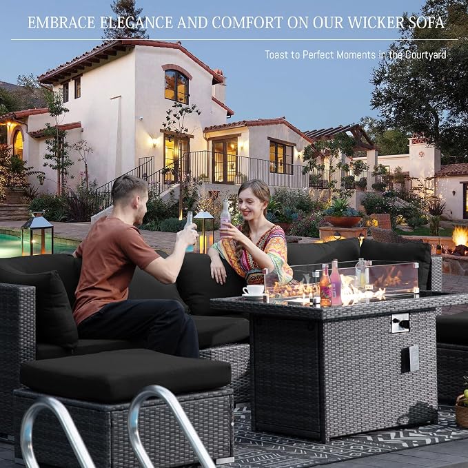 BULEXYARD 11 Piece Large High Back Grey Rattan Patio Furniture Sets with Firepit and Loungers, Comfortable Deep Wide Seat Outdoor Sectional Conversation Couch Sofa Modualr, Gray Wicker & Black Cushion
