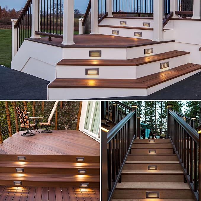 SUNVIE 5W Low Voltage Step Lights 6 Inch Outdoor Brown Cast-Aluminum 8-Pack | Landscape lights, 12-24V AC/DC, 3.2FT ETL Listed Wire, with Fastlock2 Connectors, Horizontal Louver, for Step Stairs, Fences