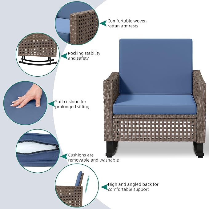 YITAHOME 3 Pieces Patio Wicker Rocking Chair Set, Outdoor Patio Furniture Set with Rattan Side Table, Thickened Cushions, Rocker Patio Chairs Set for Porch, Poolside, and Yard, Blue