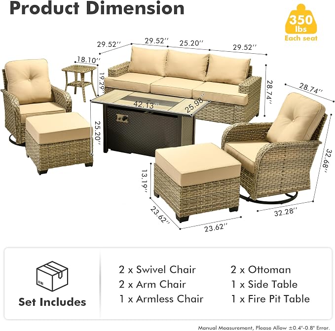 HOOOWOOO Sectional Patio Furniture Set with Fire Pit Table,9 Pieces Wicker Outdoor Furniture Couch,Outside Conversation Set Extra Deep Seat Sofa Wide Rocking Chairs Ottomans Arm Solar Table,Beige
