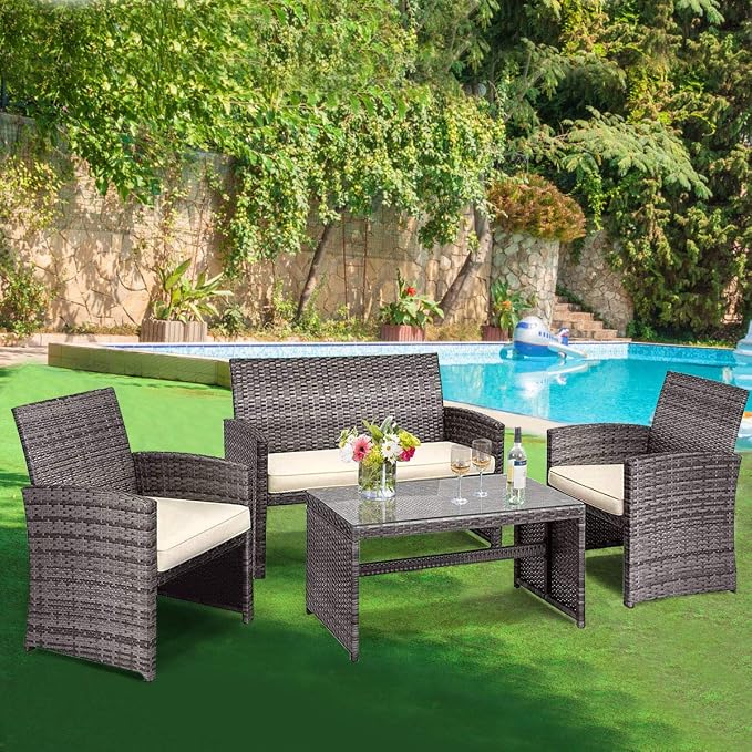 Goplus Rattan Patio Furniture Set 4 Pieces, Outdoor Wicker Conversation Sofa and Table Set with Soft Cushions & Tempered Glass Coffee Table for Balcony Garden Backyard (Beige(Mixed Color Wicker))