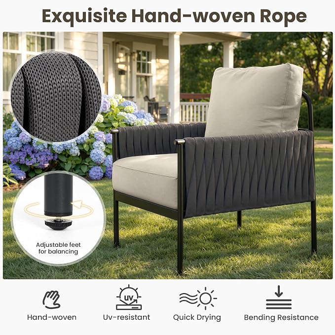 Pamapic 7-Piece Woven Rope Outdoor Furniture Set, Iron Frame Patio Conversation Set with Thick Cushions & 2 Coffee Tables, All-Weather Sectional Patio Furniture Set for Backyard, Porch, Grey