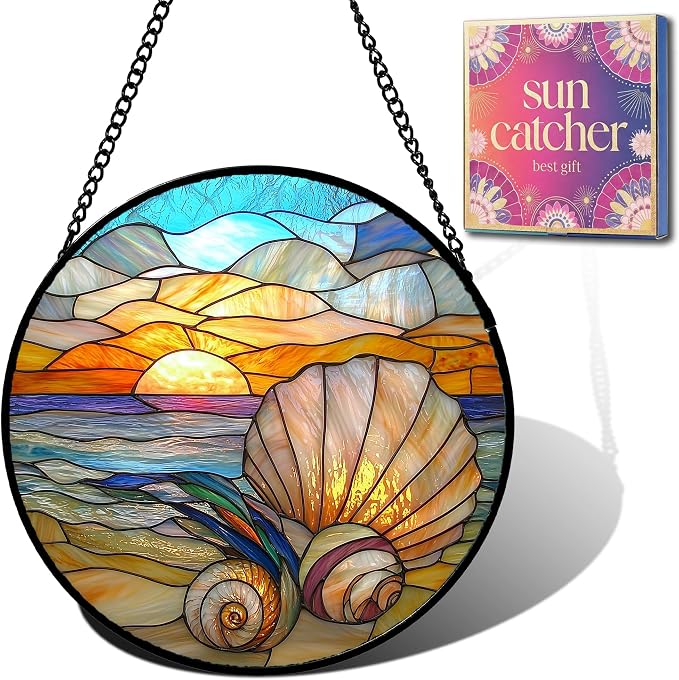 Birthday Gifts for Women - Beach Shell Faux Stained Glass Window Hanging Sun Catcher for Door Garden Acrylic Ocean Decor Mother's Day Christmas for Mom Men Nana Grandma Sisters 6.3"