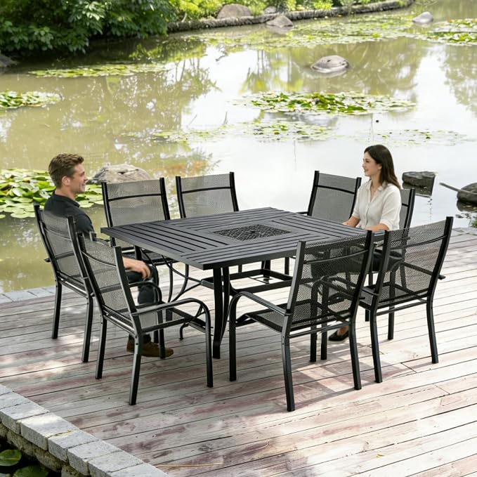 9 Pieces Outdoor Dining Table 60"x60" + 8 Patio Dining Chair Set, Square Patio Dining Table and Chairs with Stable Metal Frame for Garden, Backyard, Umbrella Hole Design, Suitable for 8 People