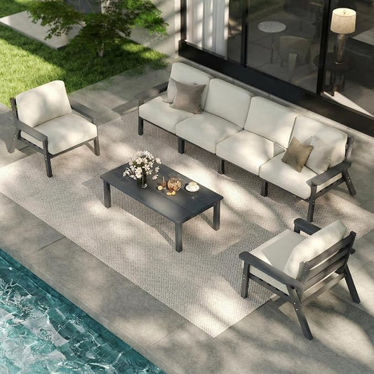 Patio Furniture Set 6 Seats, HDPE Outdoor Sectional with Beige Washable Thick Cushions, Coffee Table, Patio Conversation Sets for Lawn, Garden, Porch, Balcony, Deck (Grey Frame)