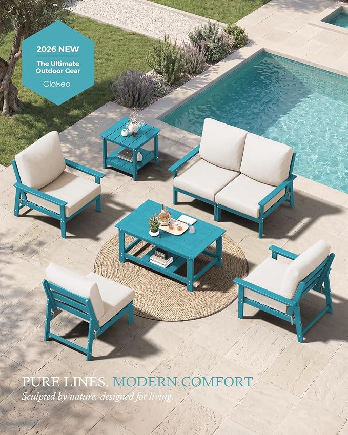 Ciokea Modular Patio Furniture Set with Thicked Cushions, 7Pcs All-Weather Outdoor Conversation Set with Coffee Table & Side Table, Modern Sectional Sofa Set for Deck (Blue Frame/Beige Cushions)