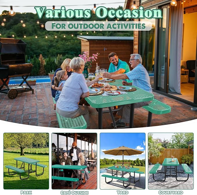 Heavy Duty Picnic Table with Umbrella Hole, Expanded Meta Outdoor Metal Patio Dining Table & Outdoor Bench Set, Steel Mesh Dining Furniture for Garden, Lawn, Patio (6FT Rectangular Table/ Green)