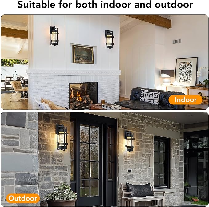15" Outdoor Porch Light Fixtures Wall Mount, Modern Lantern Lamp,Black | Water Ripple Glass, Rustproof Metal Frame, Waterproof,E26 Base, T30 Bulbs Included, Wall Lantern for Porch, Garage