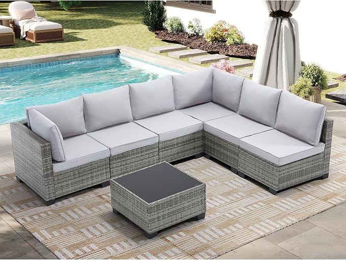 CANMOV 7 Pieces Patio Furniture Sets, All Weather Outdoor Patio Conversation Set, PE Wicker Rattan Sectional Sofa Couch Glass Coffee Table Washable Cushions for Backyard Garden, Poolside, Light Grey