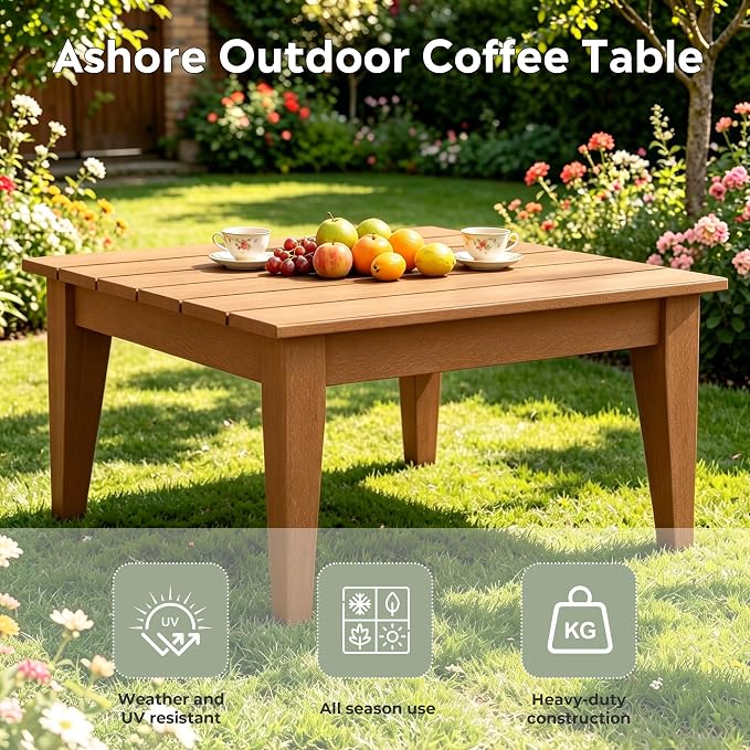 WestinTrends Ashore Outdoor Coffee Table, 32 Inch All Weather Poly Lumber Adirondack Patio Coffee Table Square Low Table, Teak