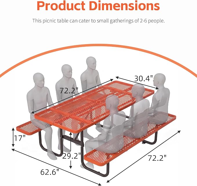 72" Outdoor Rectangular Picnic Table with Umbrella Hole, Heavy Duty Commercial Grade Steel Camping Table for Backyard Patio Deck, Weather-Resistant Orange Metal Mesh