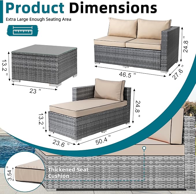 SUNLEI Outdoor Furniture Patio Sets,Low Back All-Weather Small Rattan Sectional Sofa with Tea Table&Washable Couch Cushions & Wicker Upgraded (Silver Rattan)(Khaki)