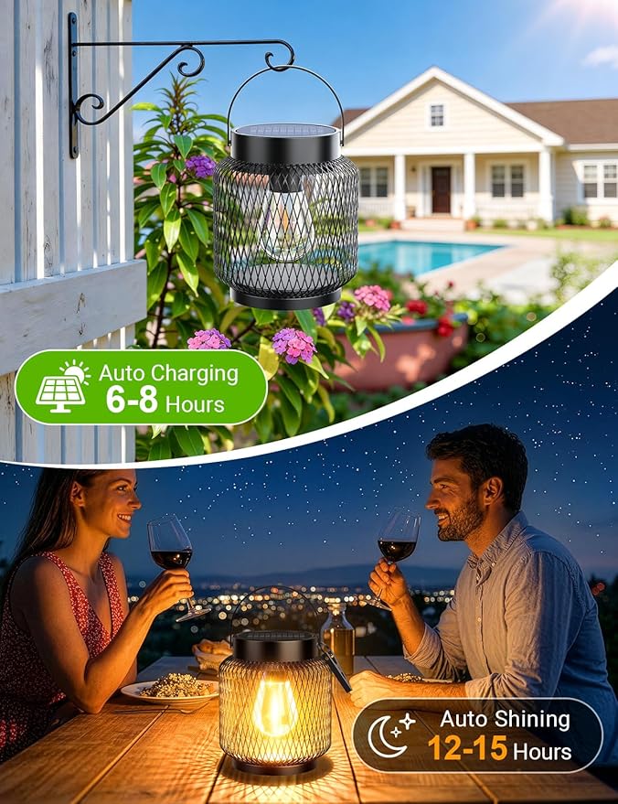KOOPER Metal Solar Lanterns Outdoor Waterproof, 4 Pack Brighter Hanging Solar Lights for Outside, Up to 15 Hours Modern Hanging Solar Powered Lanterns Lights for Yard Patio Path Tree Garden Decorative