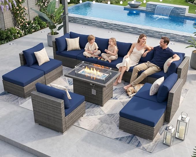 NICESOUL 11 Piece High-End Outdoor Furniture Set, 29.3'' High Back Big Size Wicker Patio Sectional, Wide Deep Comfy Conversation Sofas for Garden Deck Backyard Porch, 2 Color Cushion Navy & Grey