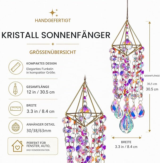 Crystal Suncatchers for Window Hanging Rainbow Maker Sun Catchers Indoor | Glass Wind Chime Garden Sun Catchers with Crystals Prisms,Whimsical Decor For Home,Handmade Gold Plated,With String & Hook