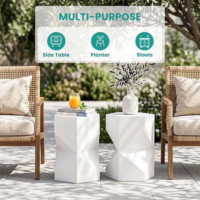 SUNBURY Outdoor Side Table, 18" Hexagon End Table Gloss Finish w Geometric Pedestal, Patio Concrete Accent Table Modular Design Decor, Lightweight Garden Stools for Balcony, Porch, Living Room, White