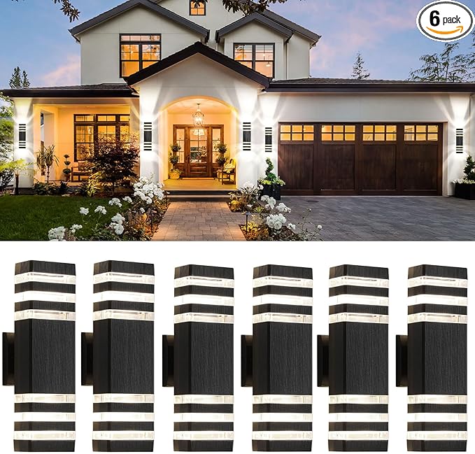 6 Pack Up and Down Outdoor Wall Lights, 3-layer Black Modern Exterior Light Fixture Wall Mount Outside Light for House, IP65 Waterproof Aluminum Outdoor Wall Sconces for Garage Porch Patio,3000K