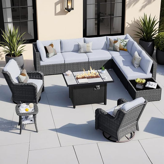 HOOOWOOO Outdoor Patio Furniture with Fire Pit Set 11 Pieces Patio Set with Fire Pit Wicker Outdoor Furniture with Fire Pit Table Set Patio Sectional Set with Swivel Chairs,Gray