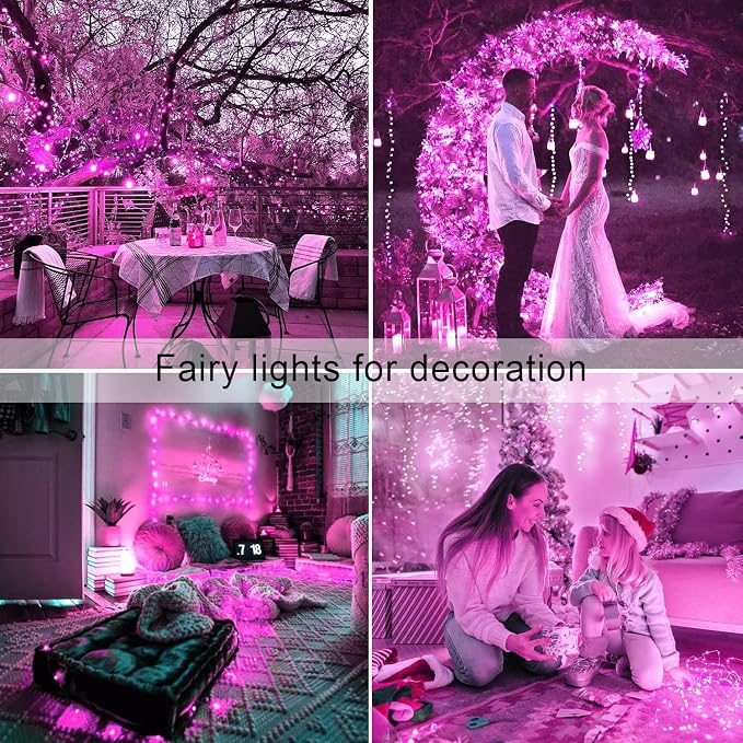 JMEXSUSS 2 Pack Solar Fairy Lights, 33ft 100 LED Solar String Lights, Pink | Outdoor Waterproof, 8 Modes Copper Wire Twinkle Lights for Outside Garden Patio Party Valentine Day Christmas Decorations