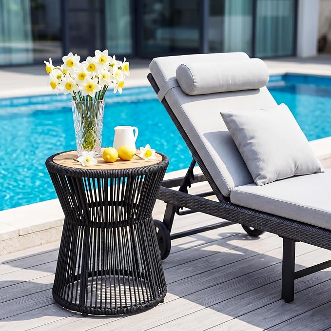 PeakPursuit Outdoor Side Table, Small End Table with Wooden Top, Woven Rope Round Coffee Tables for Patio Balcony Poolside