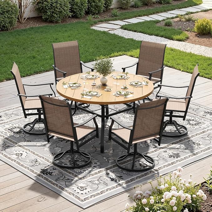 Soohow Outdoor Dining Set for 6, 7-Piece Patio Table and Chairs Set, 6 x Swivel Patio Dining Chairs and 47" Wood-Like Round Outdoor Table with 1.57" Umbrella Hole for Backyard, Poolside