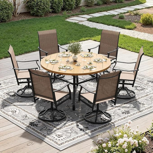 Soohow Outdoor Dining Set for 6, 7-Piece Patio Table and Chairs Set, 6 x Swivel Patio Dining Chairs and 47" Wood-Like Round Outdoor Table with 1.57" Umbrella Hole for Backyard, Poolside
