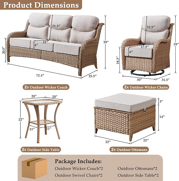 Luxury High Back Patio Furniture Set with 6-Inch Thick Cushions, 7-Pieces Outdoor Furniture with Swivel Chairs &Side Table, Wicker Conversation Set for Porch, Balcony, Deck and Yard, Yellow/Beige