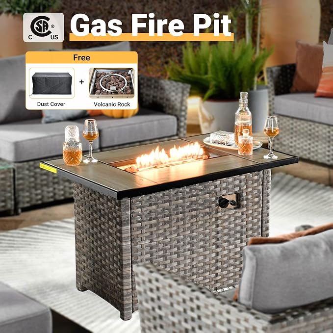 CAODOC 16 Pieces Patio Furniture Conversation Set with 42" Fire Pit Table Rocking Chair Outdoor Sectional Gray Wicker Sofa Set