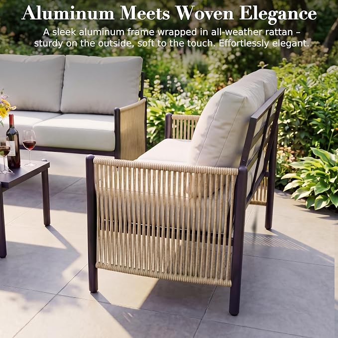 Aluminum Patio Furniture Set, 7 Seats Outdoor Patio Furniture with Coffee Table, Outdoor Wicker Conversation Sets with Cushion for Backyard, Balcony,Porch,Light Grey