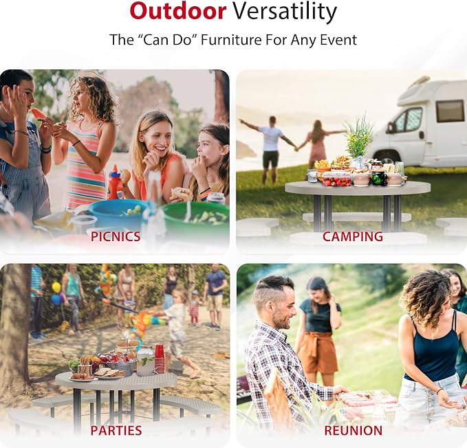 Leisure Craft Metal Picnic Table with Bench - 46" Round Outdoor Dining Table for 8 with Umbrella Hole, Weatherproof Heavy Duty Thermoplastic Coating, Commercial Grade Furniture Made in USA - Beige