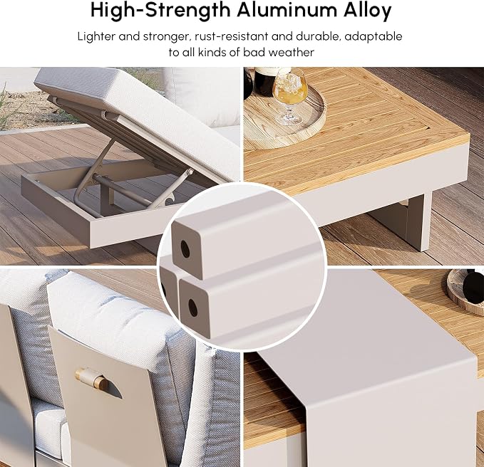 homary Outdoor Conversation Sets Ideal for Patios, Light Gray | 4 Piece Aluminum & Teak Patio Sectional Sofa Set with Adjustable Backrests, Waterproof Cushions