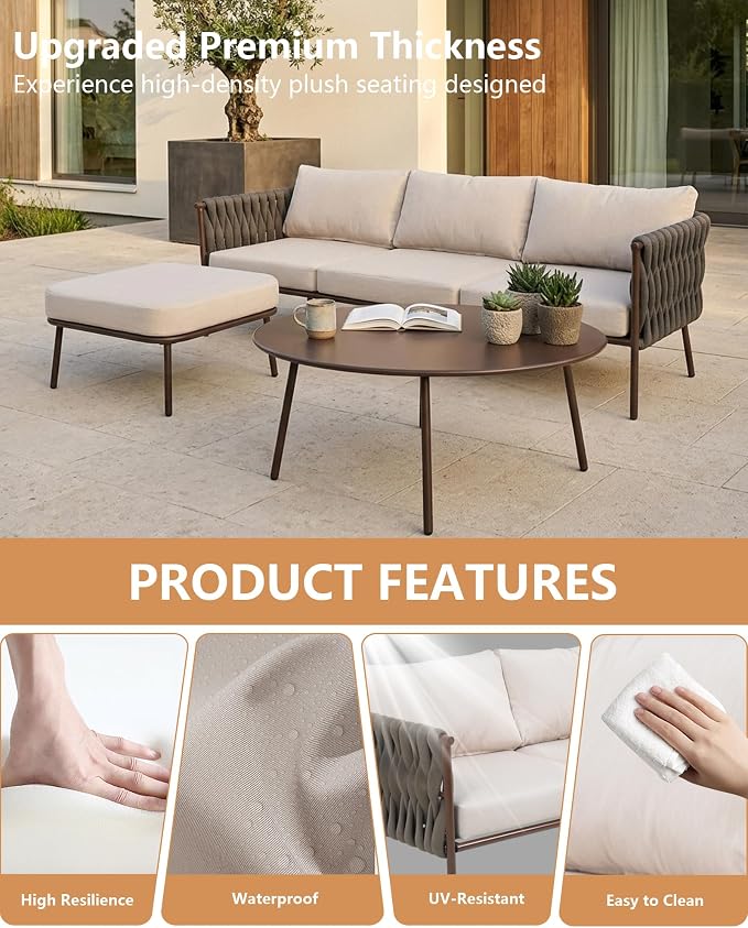 3 Piece Patio Furniture Set, Woven Rope Outdoor Sectional Sofa with Ottoman & Round Table, Deep Seating Patio Conversation Sets with Oversized 3-Seater Couch & Beige Washable Cushions