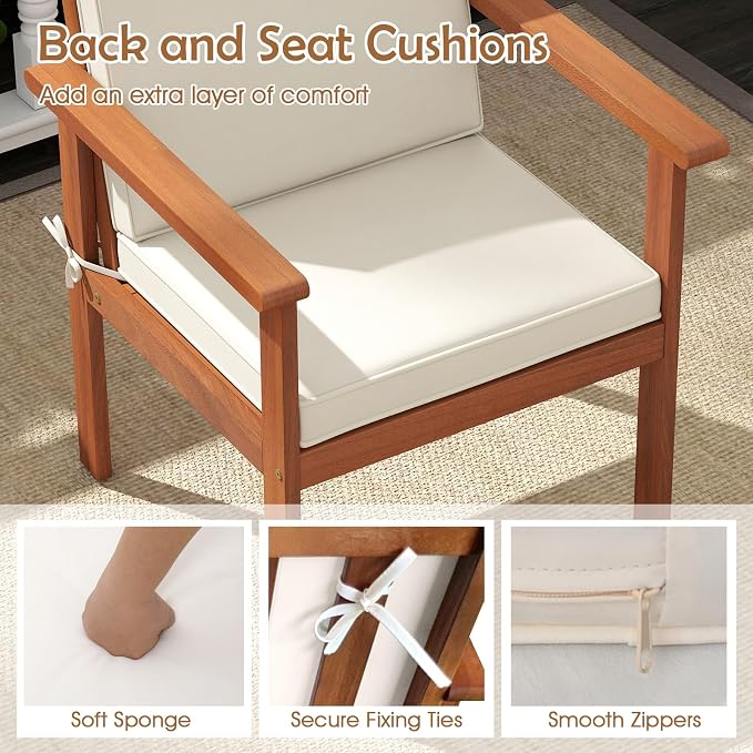 COSTWAY 4 Pieces Acacia Wood Conversation Set, Acacia Wood Porch Chairs with Table, Loveseat and Cushions, Outdoor Conversation Sofa Set for Garden, Balcony and Backyard